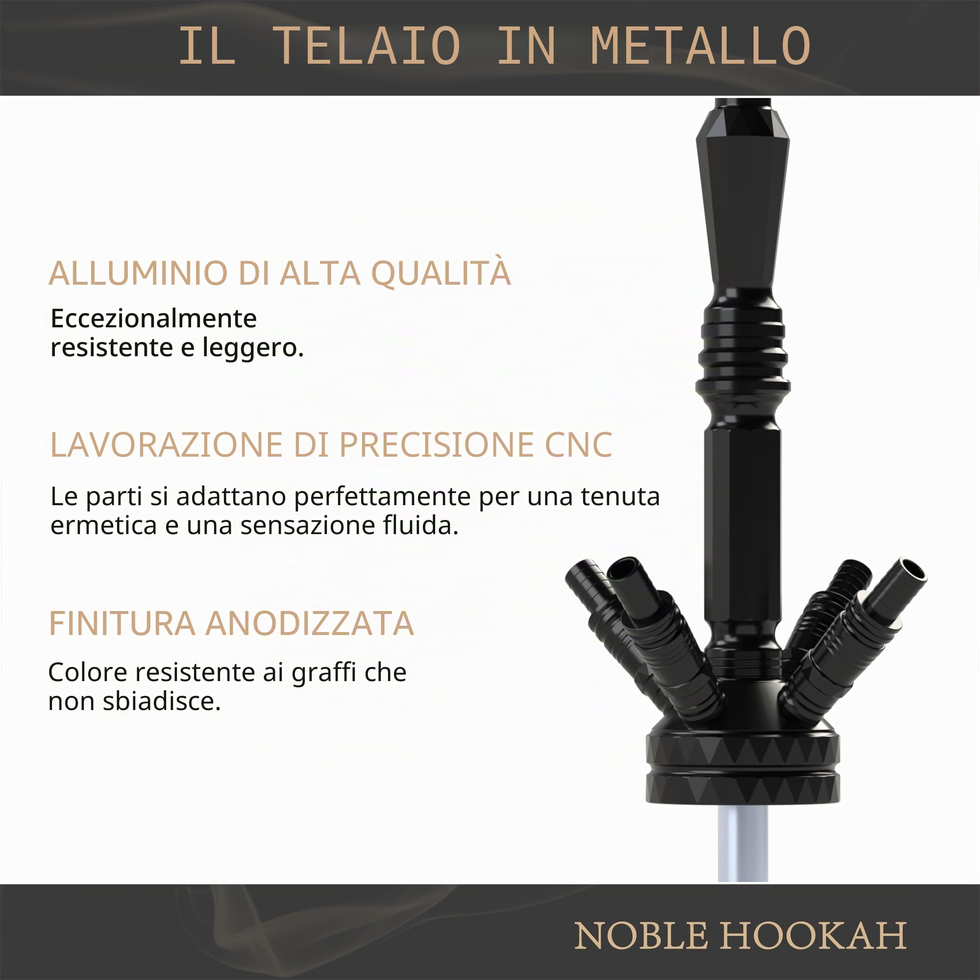 NOBLE HOOKAH 62,6 cm Set Narghilè 4 Attacchi con Testina Narghilè Grande Narghilè in Tubo di Alluminio con Filtro Melassa in Alluminio, Dotato di 4 Tubi in Silicone e Maniglia
