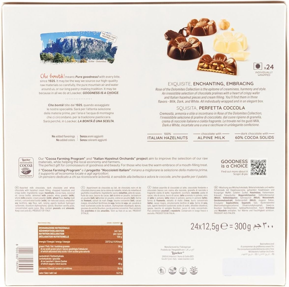 Loacker, Rose of the Dolomites Selection, Mix di Praline al Cioccolato Fondente, Bianco e al Latte, Cialde Wafer, Crema di Nocciole Tostate, Merenda e Snack, Confezione da 24 Cioccolatini Monoporzione