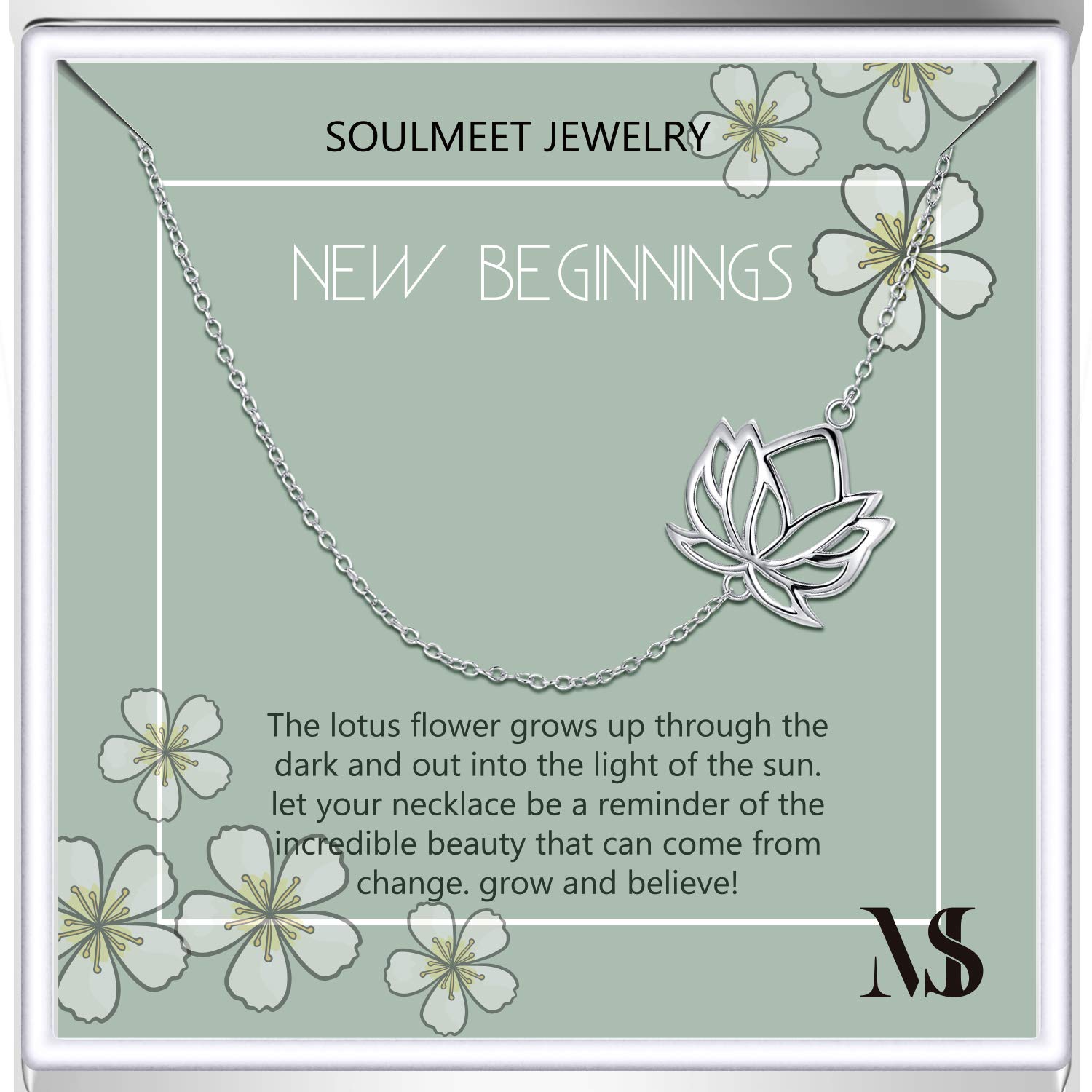 SOULMEET Sterling Silver Yoga Lotus Flower Necklace for Women Girls with Inspirational Quote on Gift Card, Om Lotus Sideways Necklace Happy Birthday