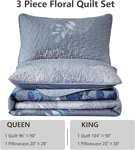 Miniatura 7 de WONGS BEDDING Juego de edredón floral azul California King, juego de colcha de 3 piezas con hojas botancales con 2 fundas de almohada para todas las