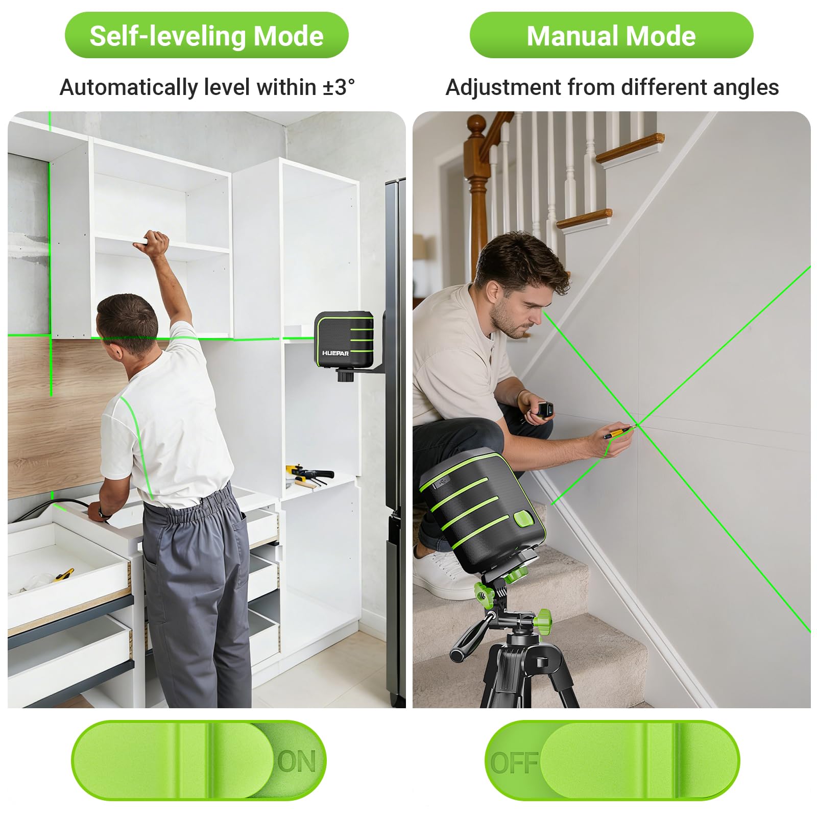 Huepar Livella Laser Verde Autolivellante con Treppiede 150 cm – U011GTP | Linee Incrociate,Resistente a Cadute da 100cm,Base Magnetica 360°,Modalità Impulso 50m per Piastrellisti e Ristrutturazioni