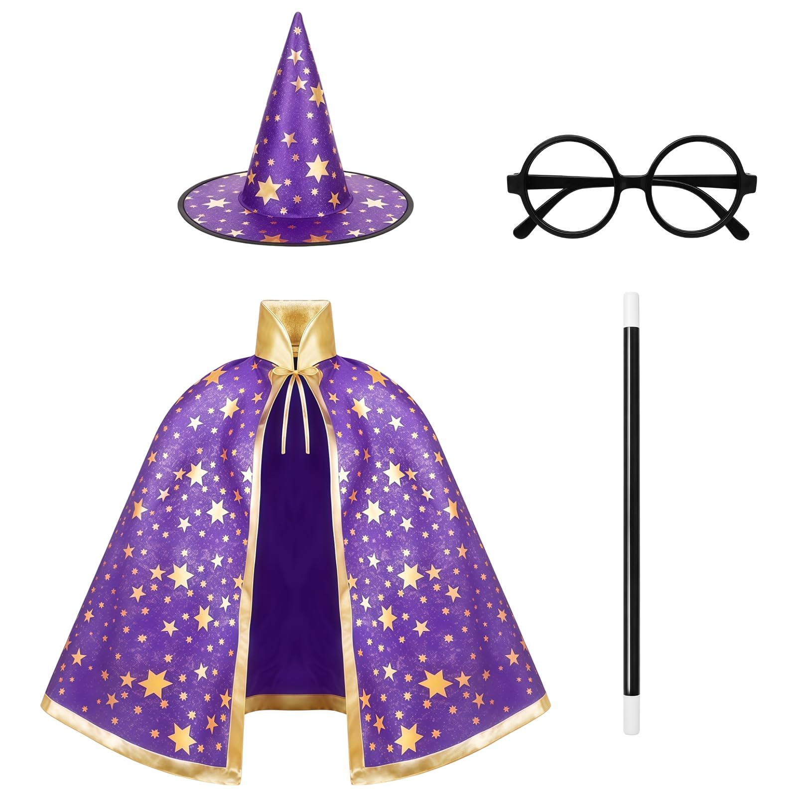 XNHIU 4Pcs Wizard Cape Witch Cloak Set Magic Wand, Glasses, Pointed Hat and Cape with Golden Stars Halloween Party Cosplay Costume (Purple)