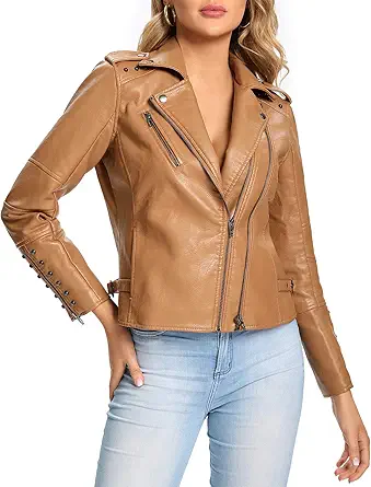 S P Y M Womens Leather Jacket, Faux Motorcycle Biker Coat, Regular and Plus Size Coat