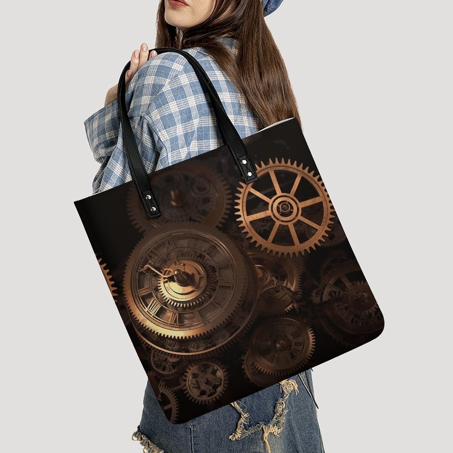 Gears Clock Bronze Century Tote Bag with Magnetic Buckle Reusable Grocery Bags Lightweight Cross Body Handbag for Daily Essentials