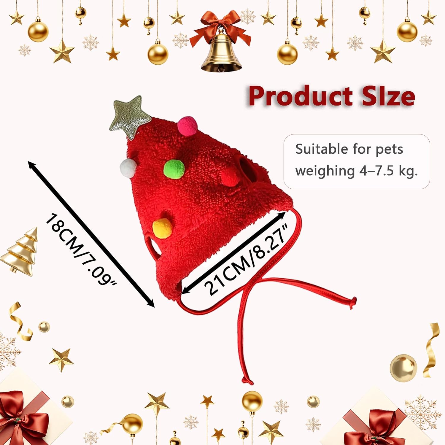 Zephyra Red Christmas Hat for Dogs Cats 4-7.5kg Christmas Hat with Pom Poms for Pets, Adjustable Accessory for Puppies and Kittens, Pet Festive Costume 4