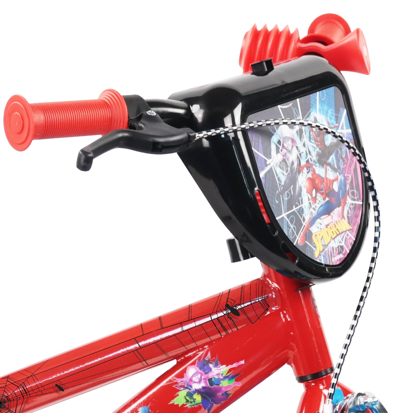 Vélo 12" Spiderman de Marvel/Disney - 1 Frein - Pignon Fixe - Pneus Increvables EVA - Roues Bâtons - Plaque - 2 Stabilisateurs - Garde Boue - Carter de Protection - Bidon arrière