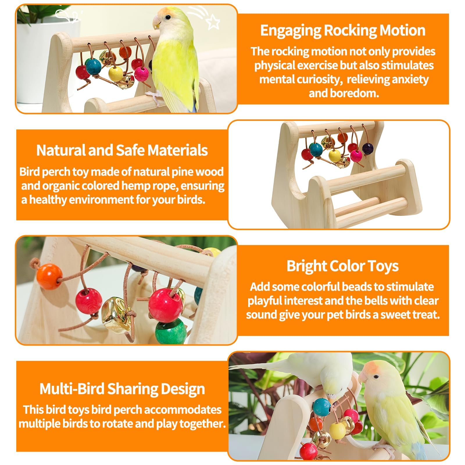 Bird Toys for Parakeets, Bird Perch Toy, Interactive Rocking Parakeet Toys, Enrichment Cockatiel Toy, Wooden Stand for Parakeets Cockatiels Lovebirds Conures Budgies (Interactive Cradle) - image 5