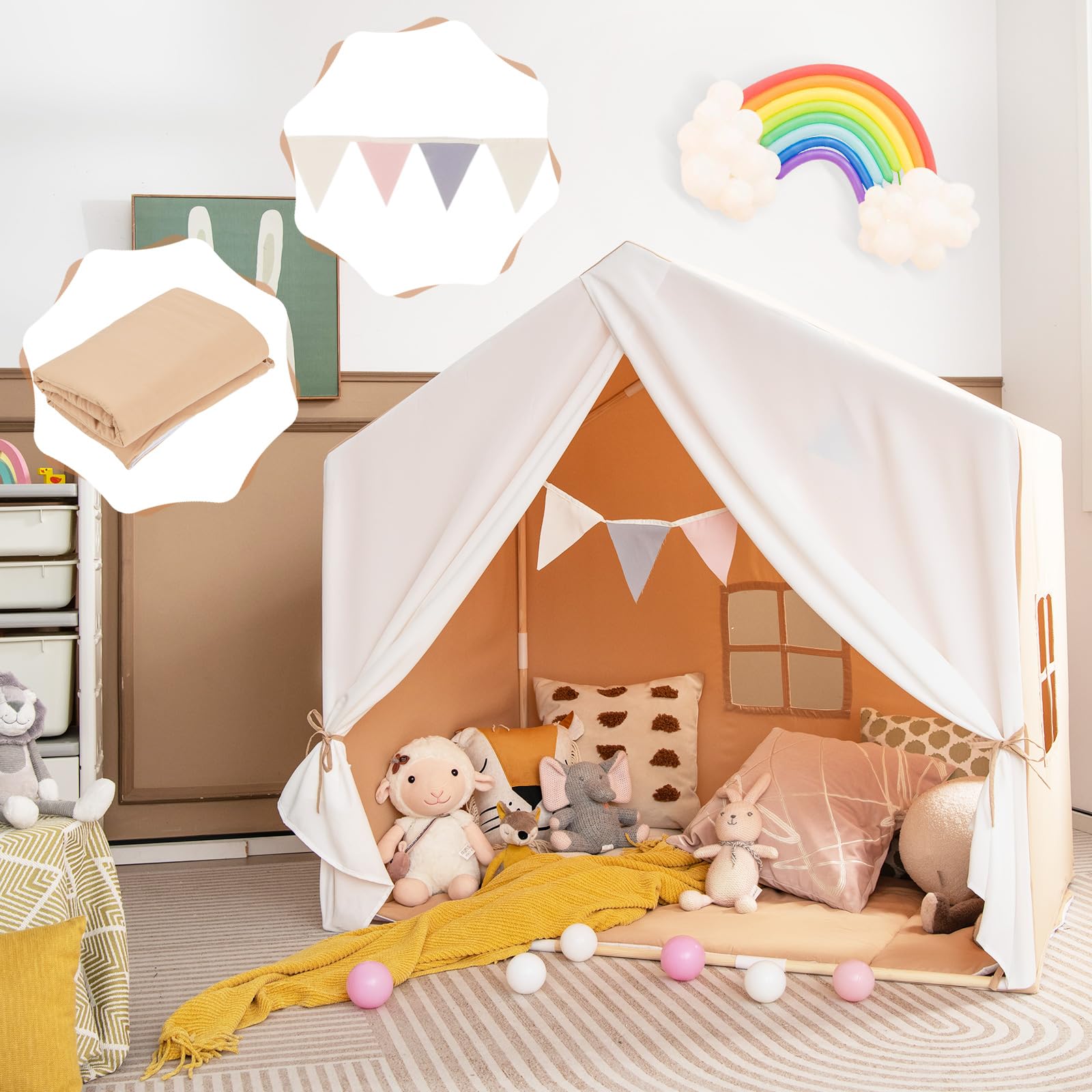 COSTWAY Kinderzelt mit Fenster & Matte & Holzrahmen, Kinder Spielhaus mit Vorhang & bunten Flaggen, Prinzessin Spielzelt für drinnen & draußen, Kinderspielhaus Kinderspielzelt für Jungen und Märchen