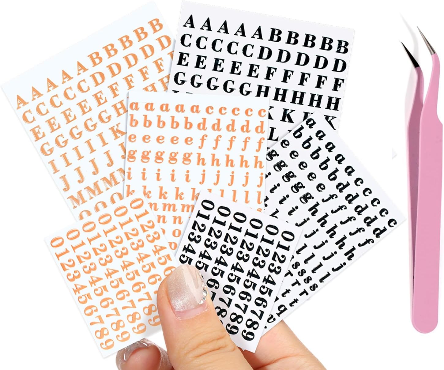 EORTA Letter Stickers 0.11inch with Tweezer Small Alphabet Decals 6 Sheets Self Adhesive Mini Number Sticker for Epoxy Resin Casting DIY Craft Scrapbook Nail Keyboard, Rose Gold/Black, 3mm