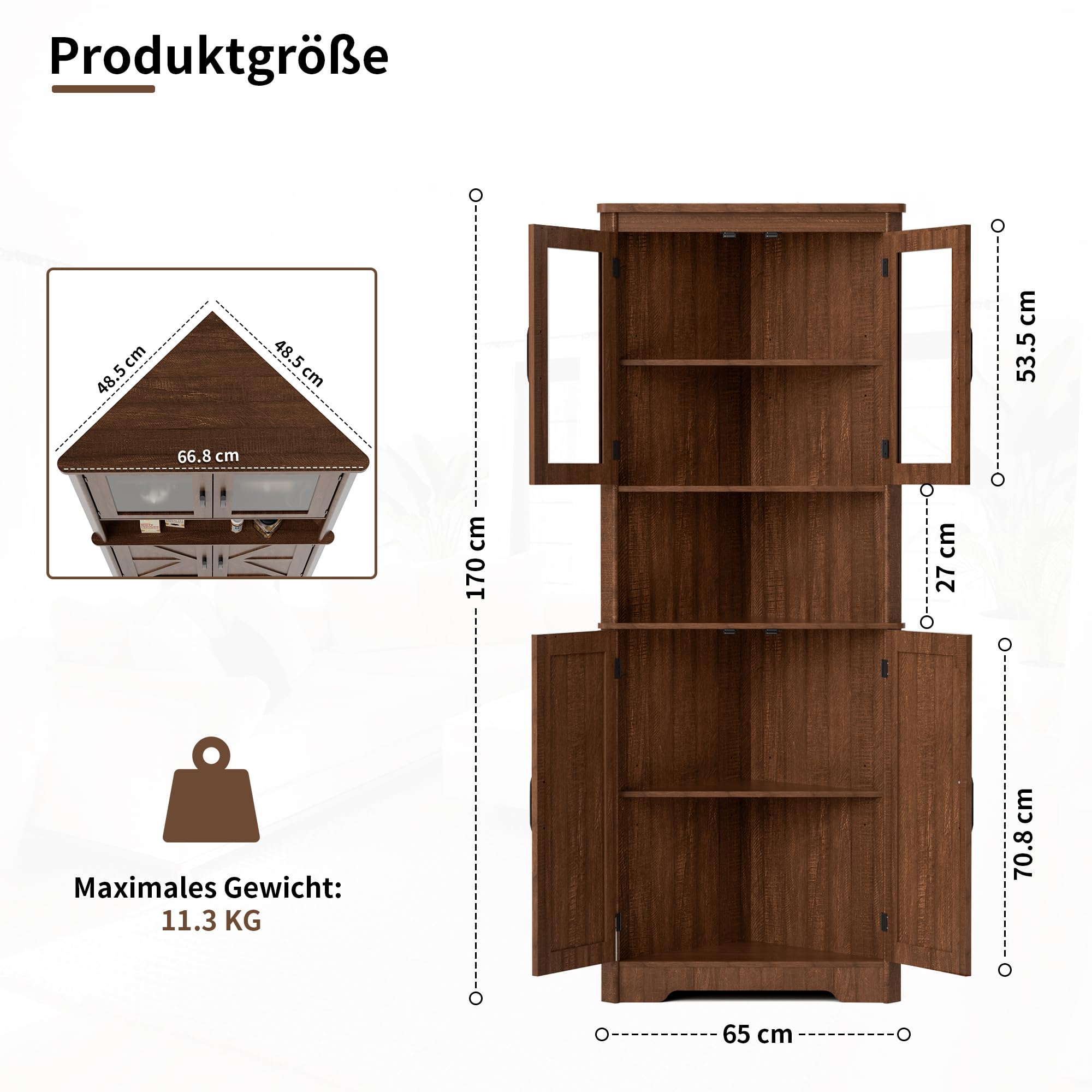 BonVache Eckschrank, hoher schmaler Badezimmerschrank mit 2 Türen und 5 Ablageflächen, Aufbewahrungsschrank für Küche, Schlafzimmer, Wohnzimmer, 170 cm Eckregal, Braun