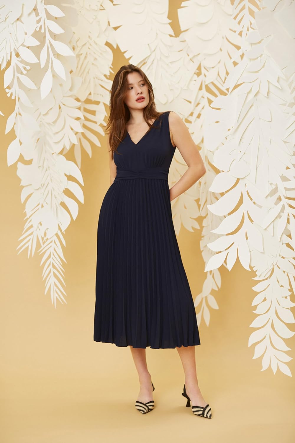 Donna Morgan Womens Elegant V-Neck Sleeveless Pleated Midi Dress for Women | Wedding Guest Dresses for Women - Image 5