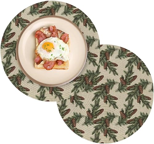 Miniatura 8 de Paquete de 2 manteles individuales redondos trenzados, conos de pino de invierno de 15 pulgadas, lavables, resistentes al calor, para cocina, mesa