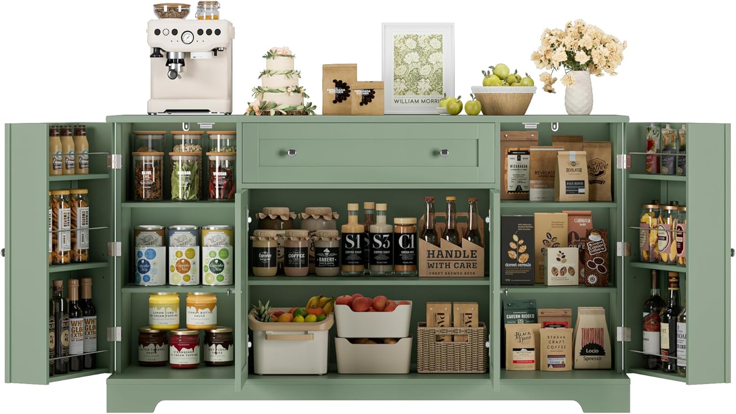 HITHOS 54" Buffet Cabinet with Storage, Modern Kitchen Buffet Sideboard with Drawer, Wood Coffee Bar Station with Adjustable Shelves, Kitchen Storage Cabinet for Living Room, Green