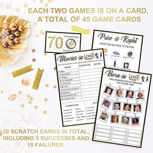 Miniatura 4 de Juego de 6 juegos de fiesta de cumpleaños número 70, paquete de 6 juegos para 15 invitados, suministros de fiesta de cumpleaños para adultos,