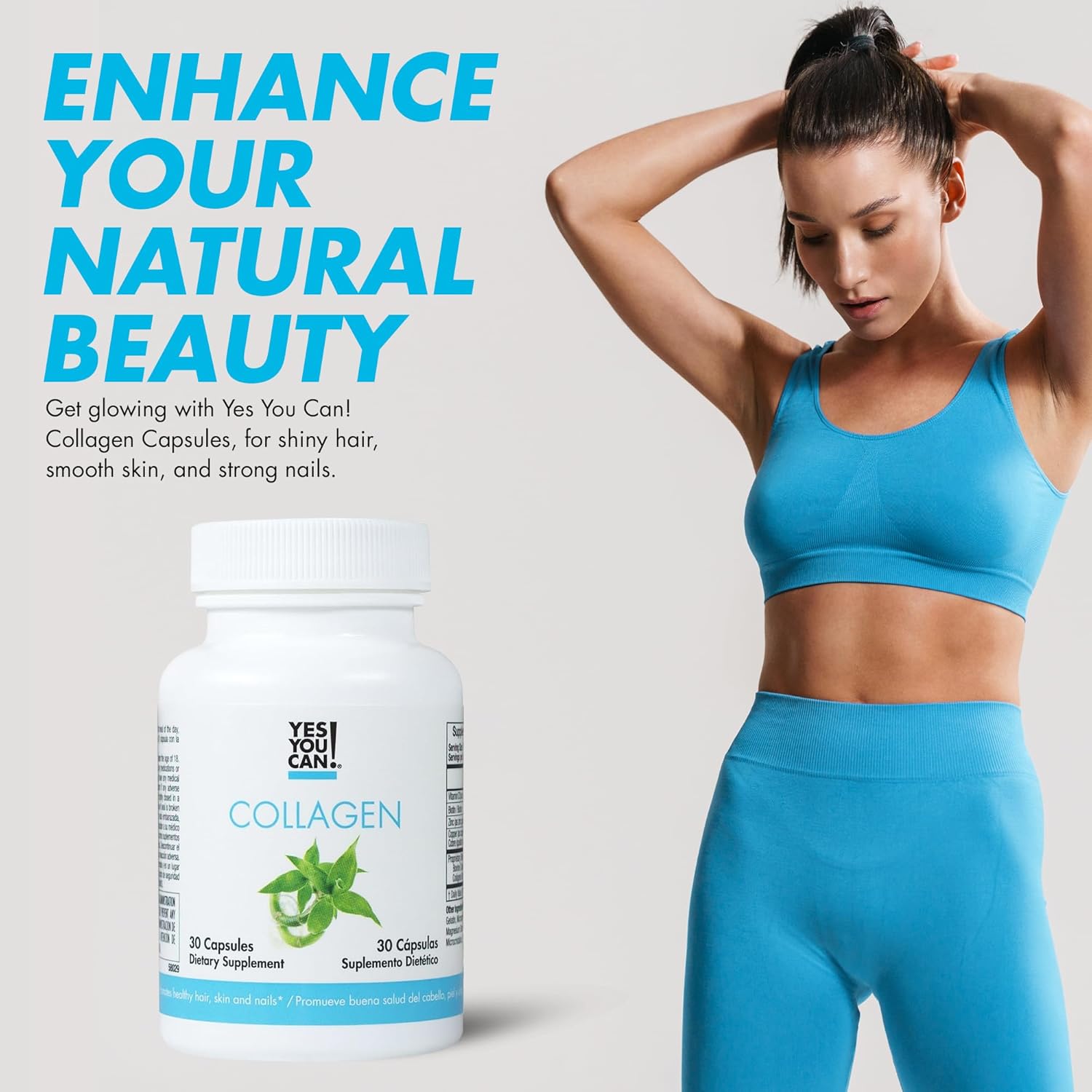 Yes You Can! Collagen Capsules for Women and Men, Dietary Supplement to Promote Healthy Hair, Skin and Nails, 290 mg Bovine Collagen, Vitamin A, Vitamin D3, Zinc and Copper, 30 Capsules - 2 Pack