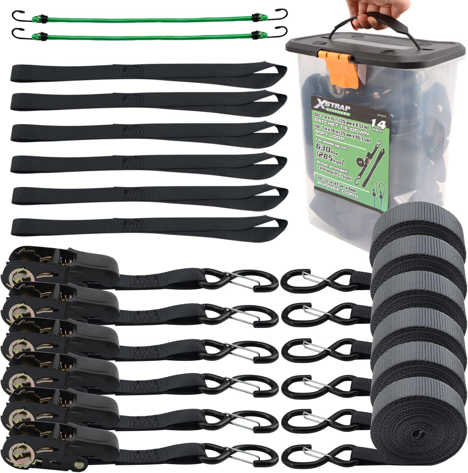 XSTRAP STANDARD Ratchet Tie Down Straps - 6 Pack 1" x 15' - 1890 lbs Breaking Strength, Safety Lock S Hooks, with 6 Soft Loops, 2 Bungee Cords, Logistic Cargo Straps for Moving Appliances, Motorcycle
