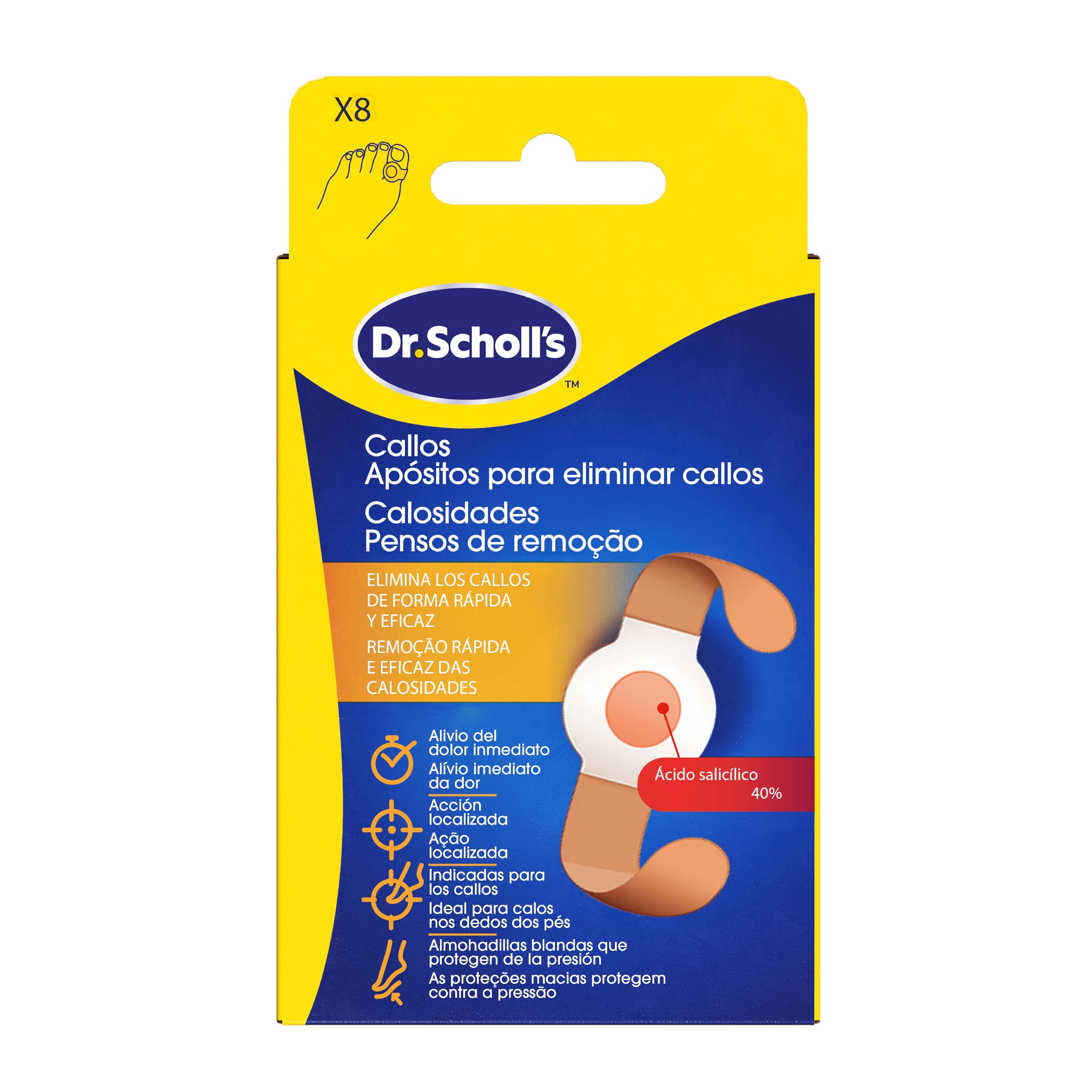 Dr. Scholl's Apósitos para eliminar callos x8 eliminador rápido y eficaz de callos en los pies, alivio inmediato del dolor, acción específica con ácido salicílico, almohadillas resistentes al lavado