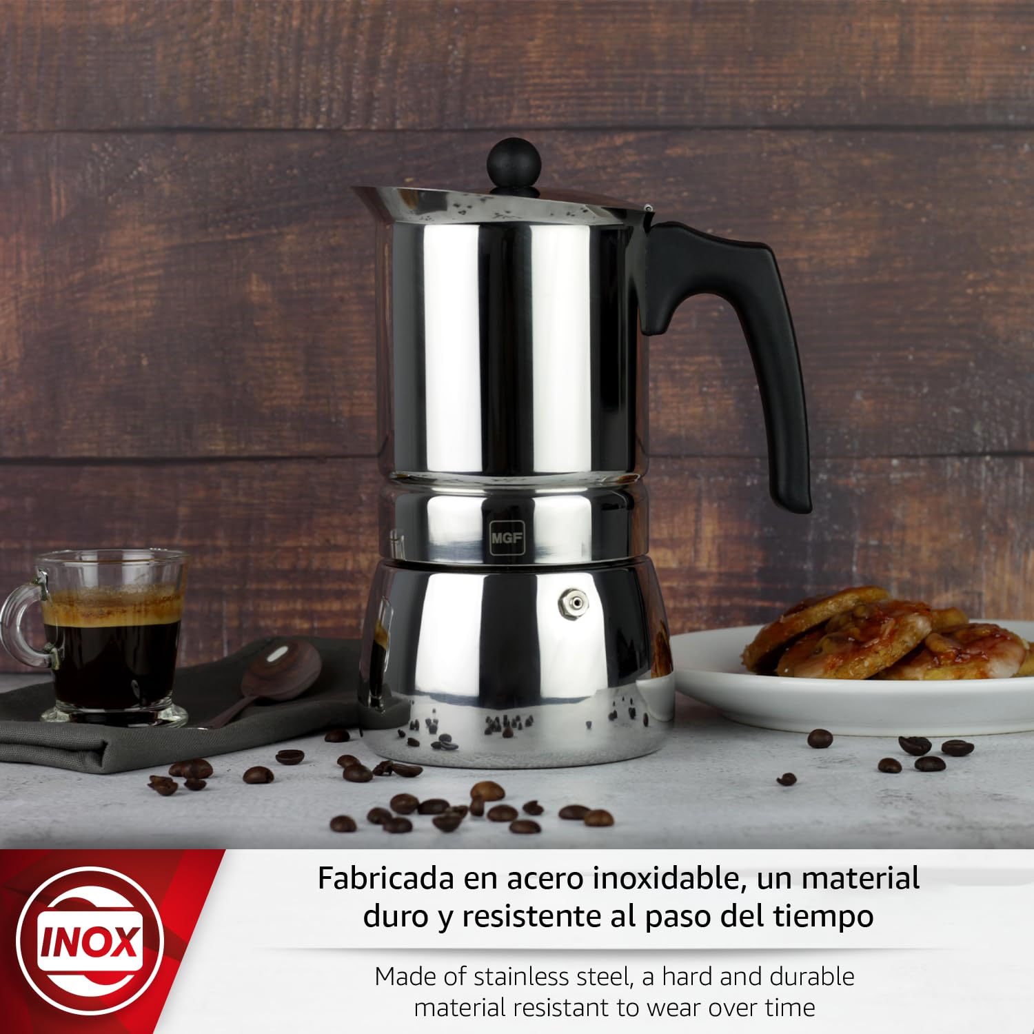 Magefesa Genova - Caffettiera Moka 6 Tazze, Acciaio Inox 18/10, Manico Ergonomico, Risparmio Energetico, per Tutti i Tipi di Cucine, Induzione