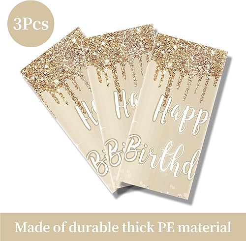 Miniatura 4 de Paquete de 3 manteles dorados de feliz cumpleaños para mujeres y niñas, manteles de mesa de cumpleaños de oro blanco y dorado, suministros