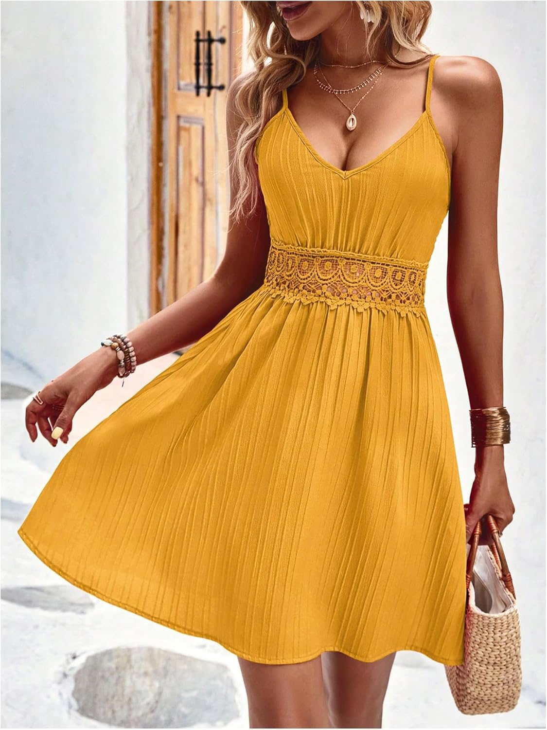 SweatyRocks Women's V Neck Lace Spaghetti Strap Casual Dresses Beach Summer Backless A Line Cami Dress - Image 3