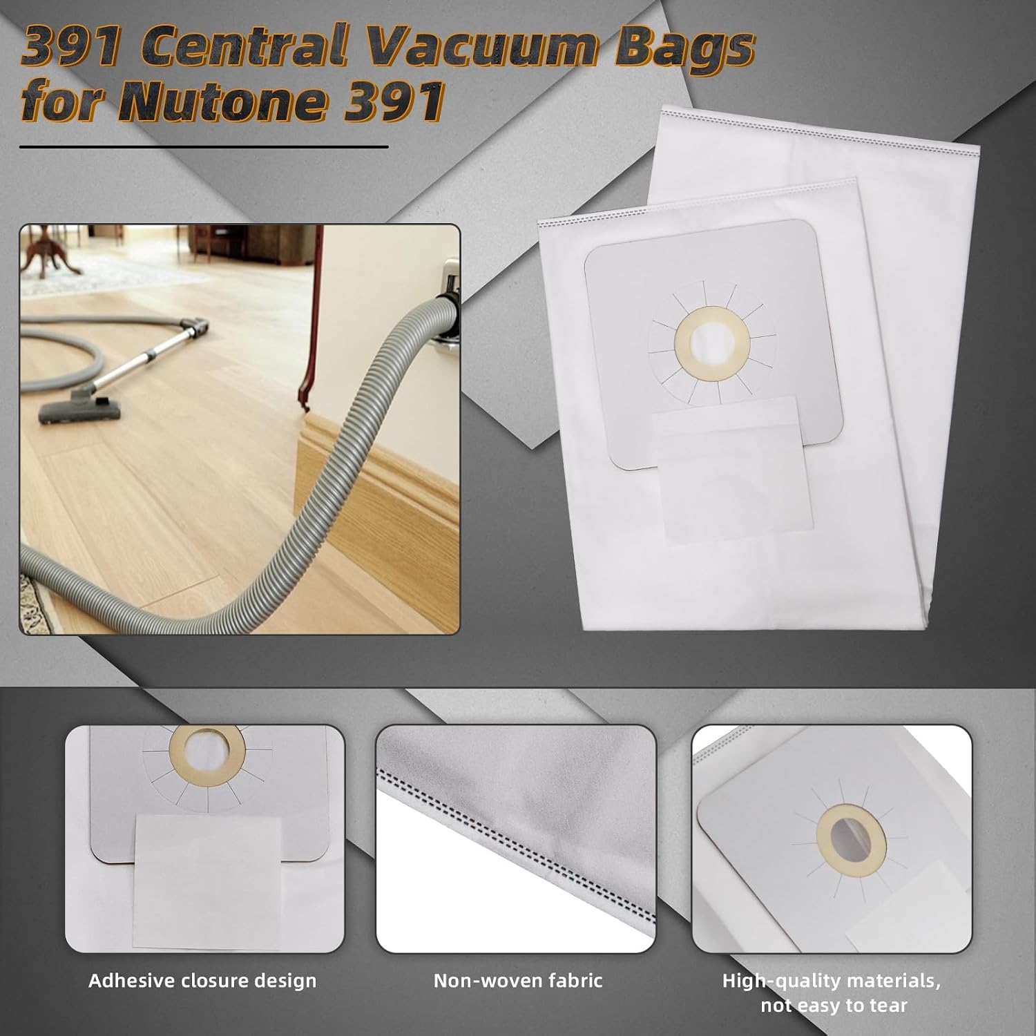 3 Pack 391 Central Vacuum Bags Replacement for Nutone 391, 3918 and 44186, HEPA Filter Bags Fits CV350, CV352, CV353, CV450 and CV653 Central Vacuum Systems