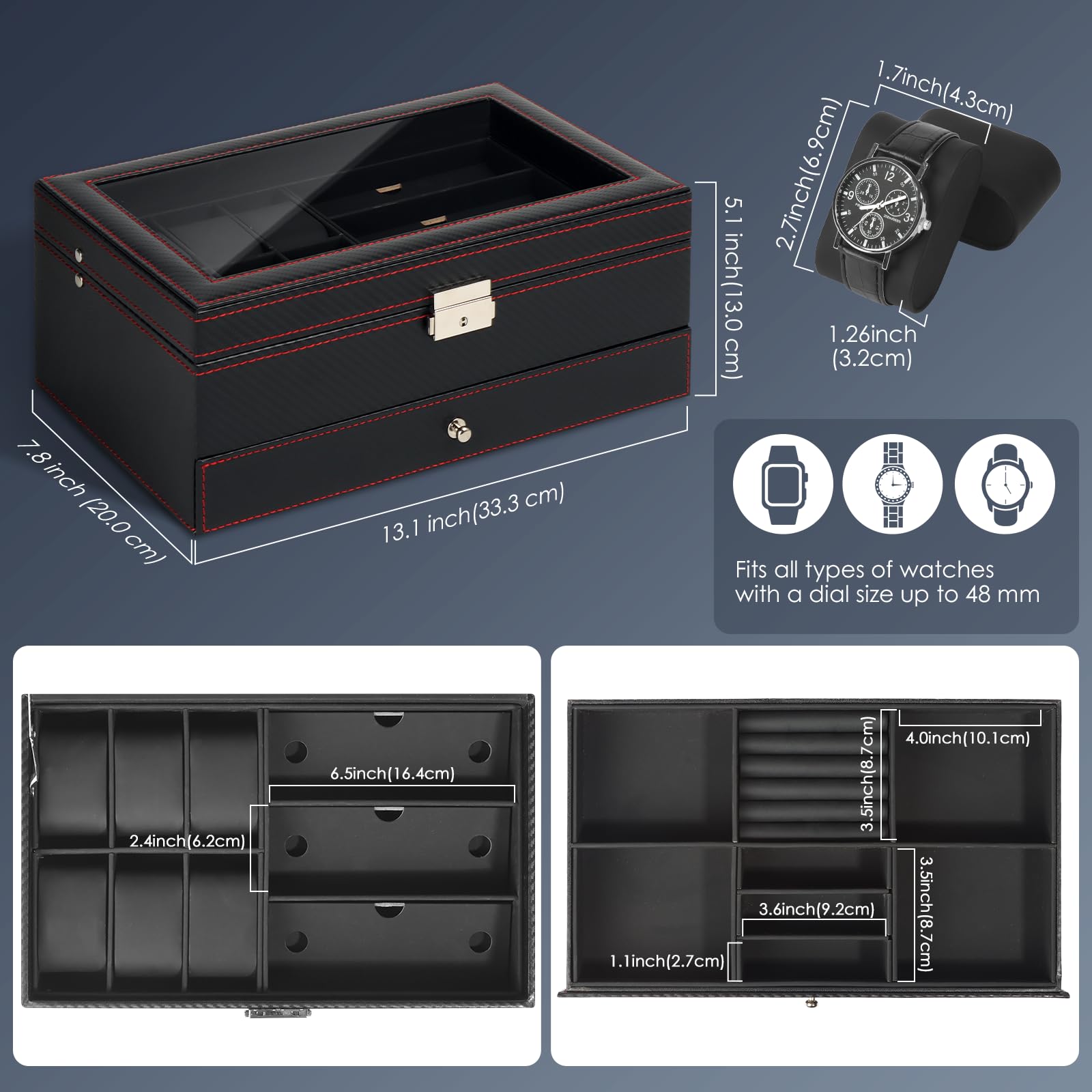 Scatola per orologi e occhiali da uomo con coperchio in vetro, 6 scomparti, 2 livelli, astuccio con serratura, organizer e idea regalo – Nero