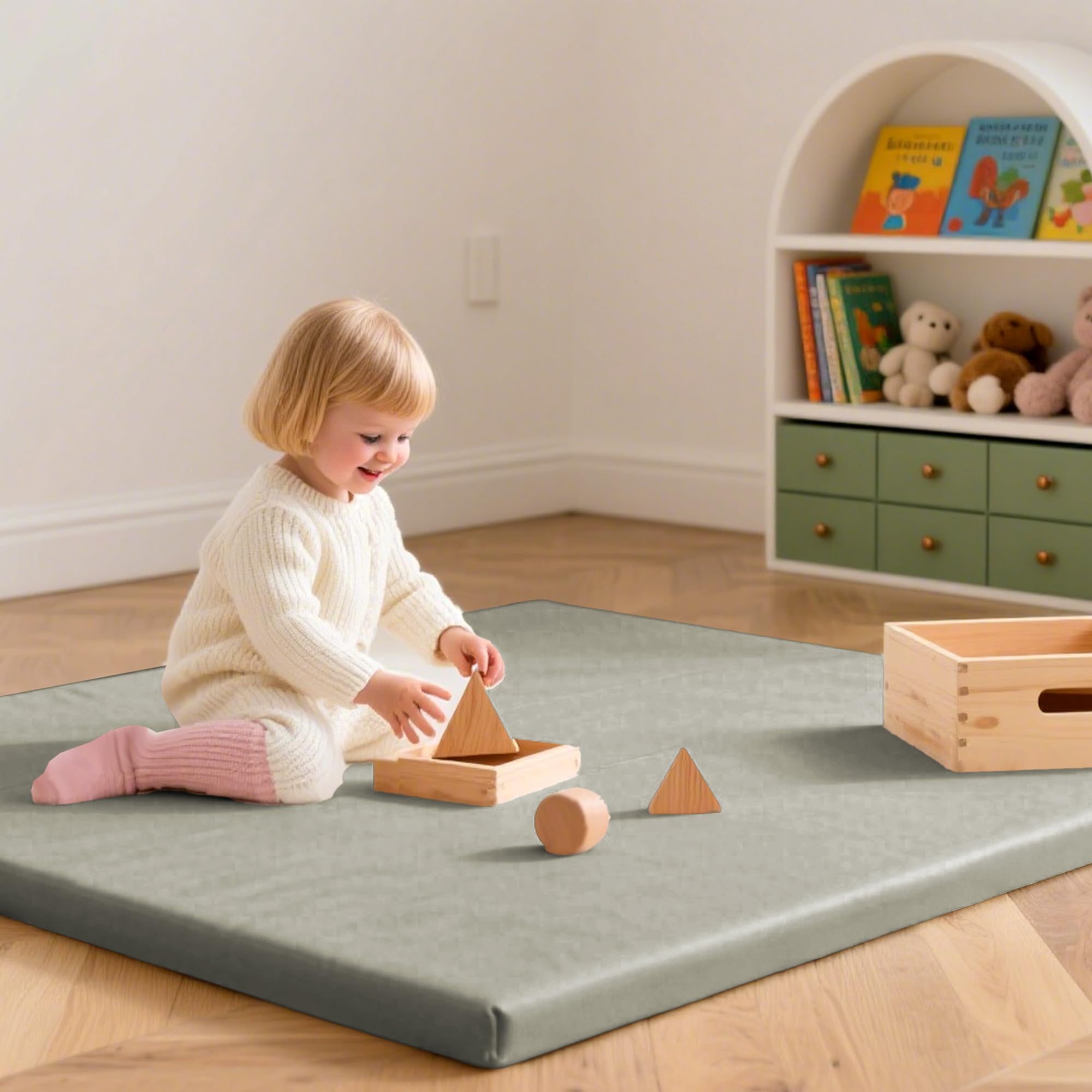 Huloo Sleep Tappetino da gioco per bambini, 127 x 127 cm, spesso 3,3 cm, impermeabile, imbottito per pavimento e box in pelle vegana, antiscivolo e atossico, per neonati, bambini e bambini (grigio)