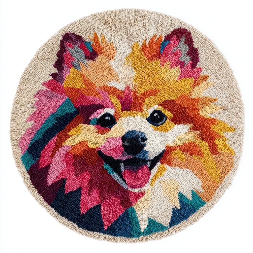 kitphoenix DIY Latch Hook Rug Kits Pomeranian Easy for Beginners Round Carpet Crochet Yarn Craft Large Rug Hook and Latch Tapestry for Home Decor 50X50Cm