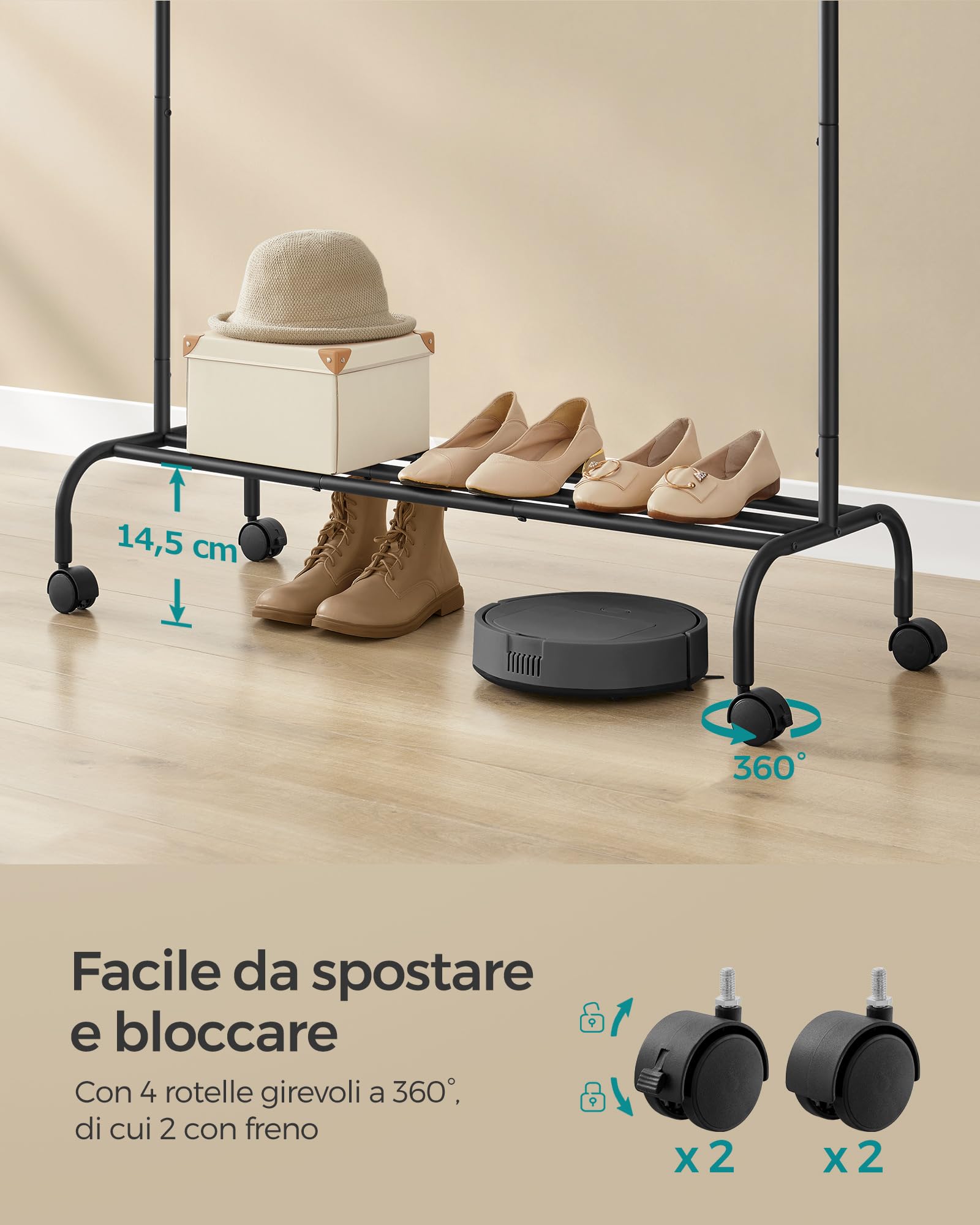 SONGMICS Stand Appendiabiti Singolo, Attaccapanni con Ruote, Struttura in Acciaio, Portata fino a 50 kg, Larghezza di 103,5 cm, Multifunzione, Nero HSR131B01