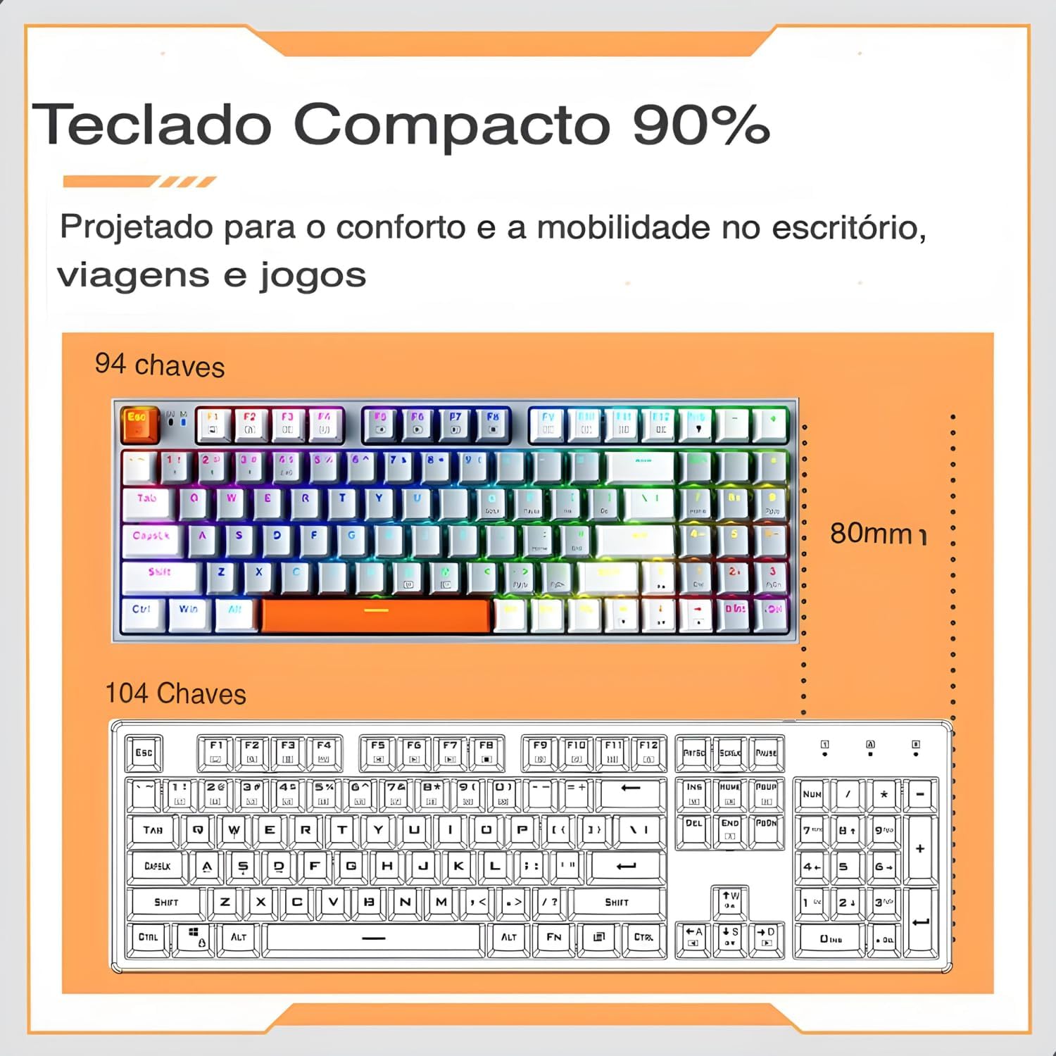 Comparison image showing the compact 94-key layout of the Machenike K500W keyboard versus a standard 104-key layout.