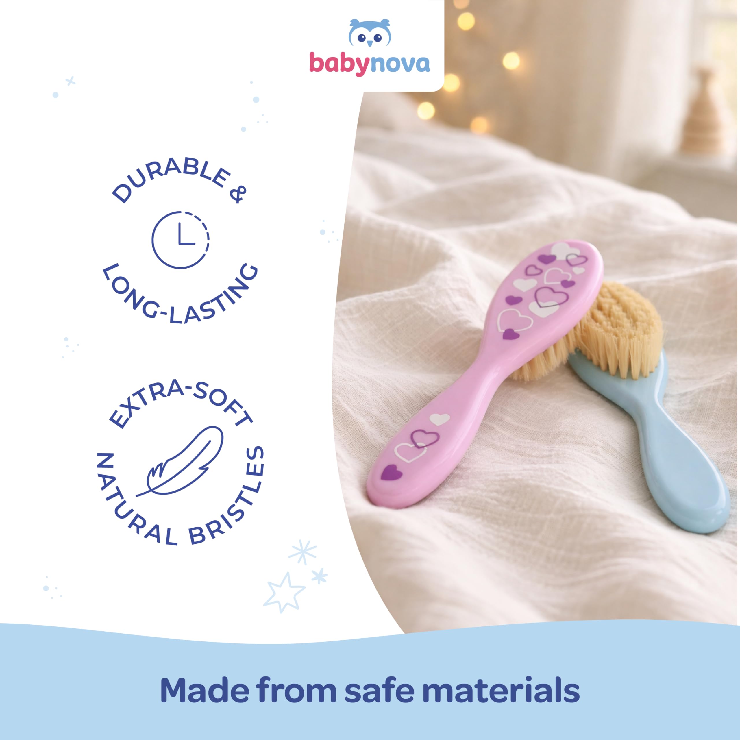 babynova Spazzola per bambini con setole naturali - Setole naturali extra morbide per la cura dei capelli di neonati e bambini piccoli - Spazzolatura delicata per cuoio capelluto sensibile - Rosa