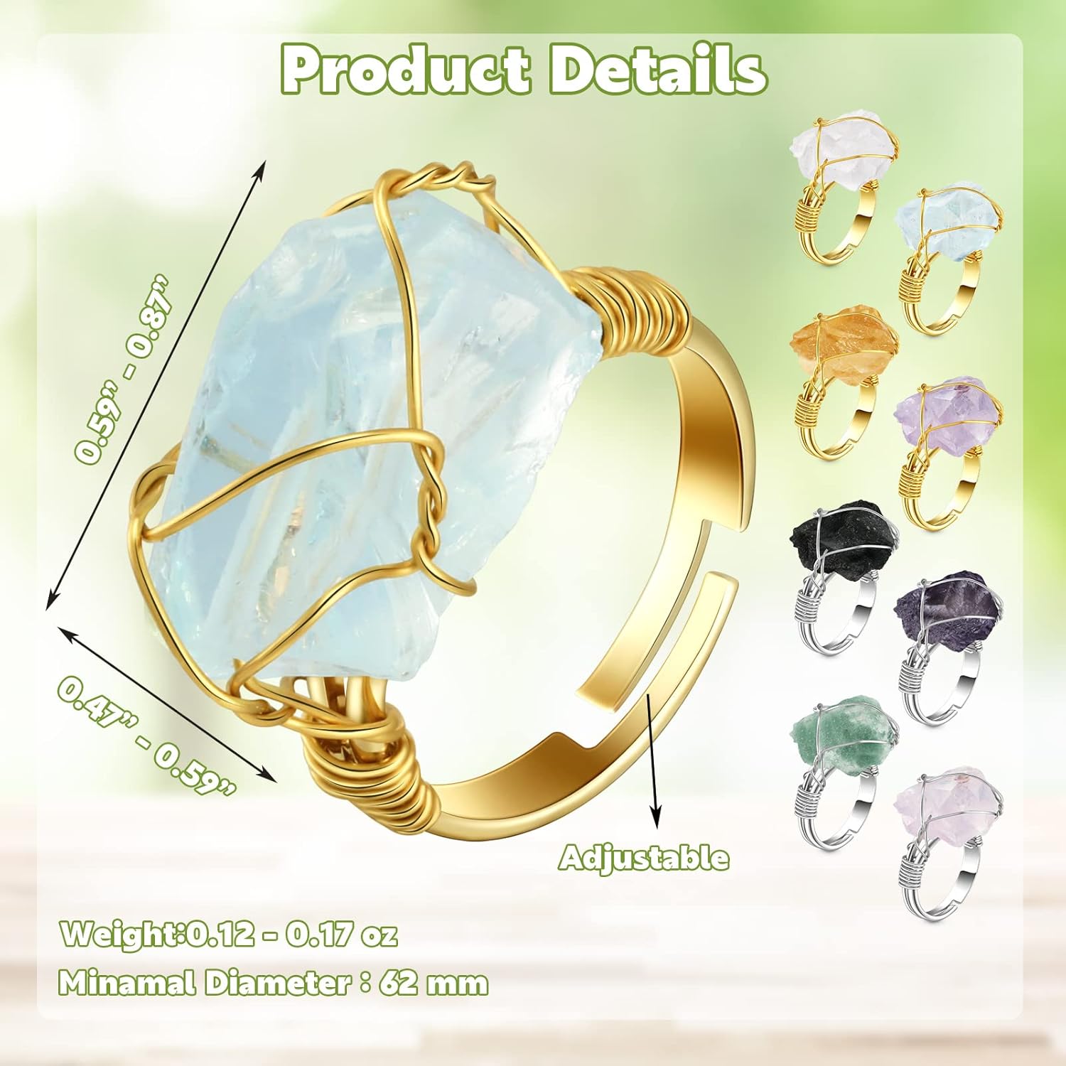 Sureio 8 Pieces Chakra Crystal Ring Healing Crystal Ring Adjustable Gemstone Rings Copper Wire Wrapped Irregular Colorful Gem Rings for Women(Silver and Gold Ring) - Image 2