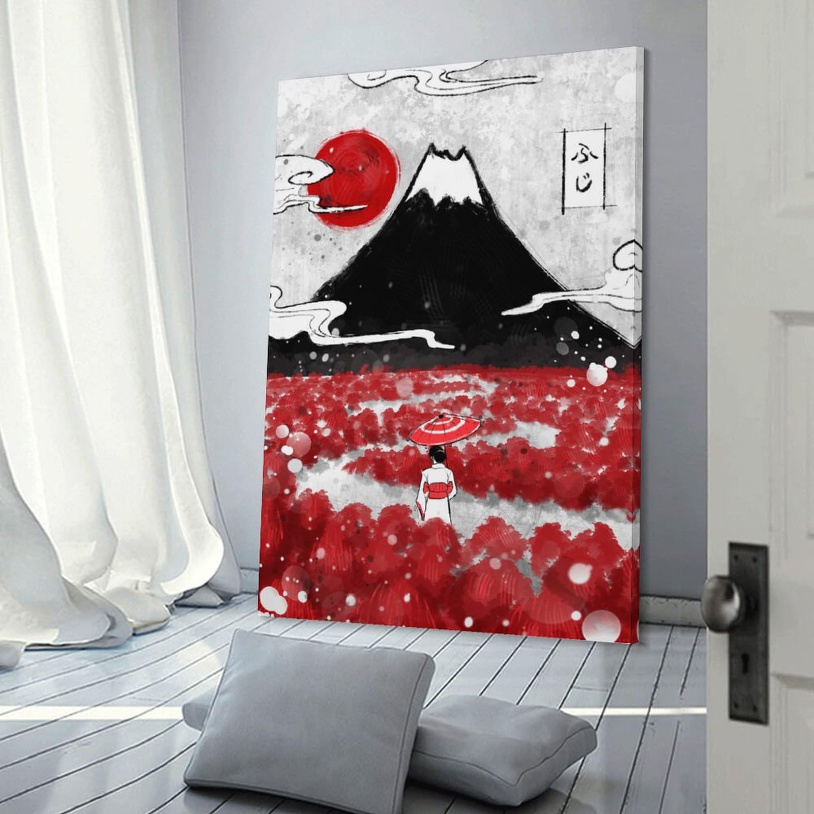 Junmoney Mount Fuji And Red Flowers Canvas Wall Picture 24x36inch(60x90cm), for Contemporary Homes, Apartments Or Offices, Wall Decor with Flexible Room Appeal