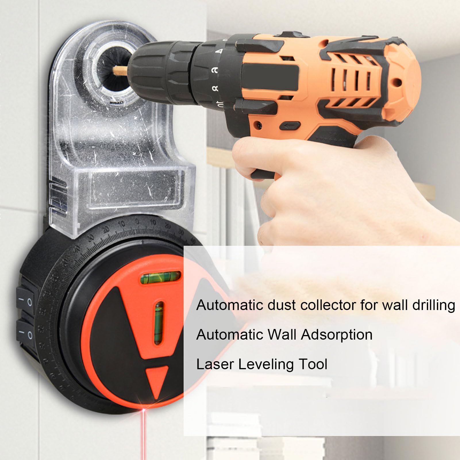 Aspiratore per Trapano, 2 in 1 Accessorio per Raccolta Polvere per Trapano con Livella, Aspiratore per Trapano Elettrico Girevole a 360° per Costruzione, Appendere, Pittura