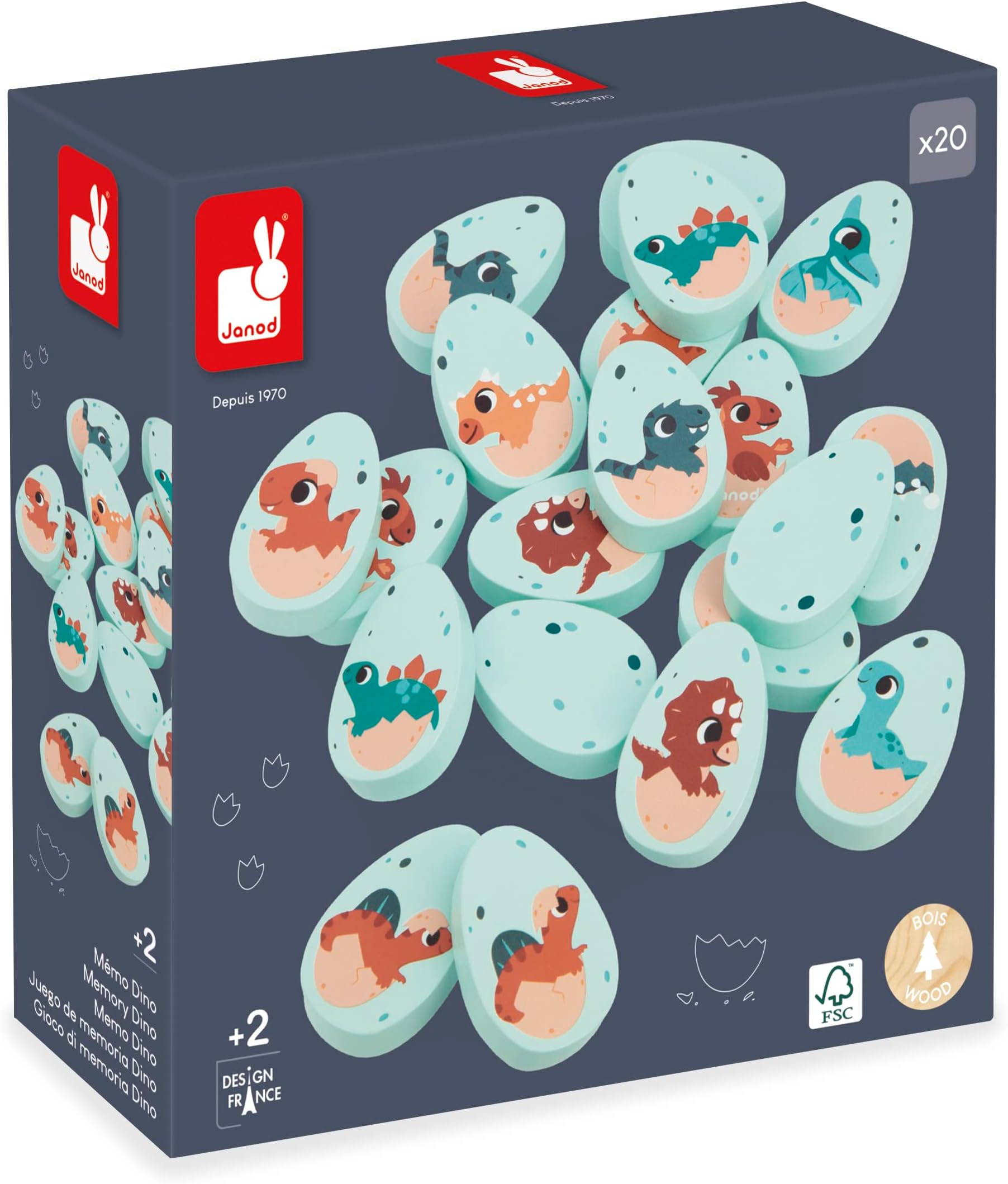 Dino - Dinosaur Memory Game - 20 Wooden Dino Eggs with 10 Prehistoric Pairs - Cooperative or Competitive Early Learning Game - Ages 2- 5 Years - J05826