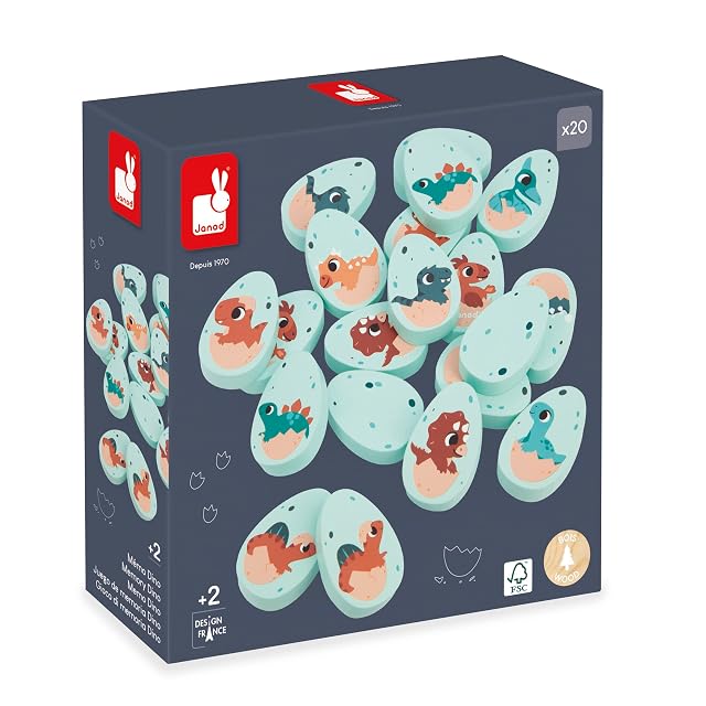 Janod - Juego de Memoria Dinosaurios - 20 Piezas de Madera de Huevos Dinosaurio