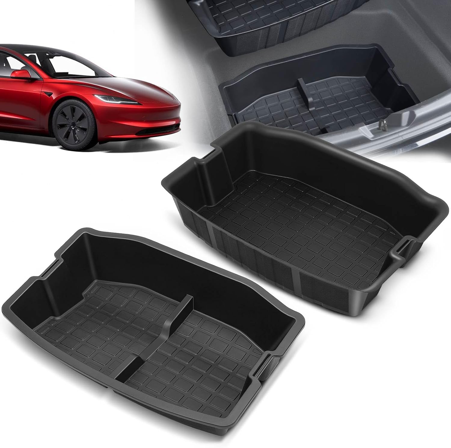 YHTAUTO 2 Pcs Rear Trunk Organizer Compatible with Tesla Model 3 2017-2023 Accessories, Waterproof Trunk Storage Bins Organizer Upper & Lower Dual Layer Rear Trunk Storage Box - Black