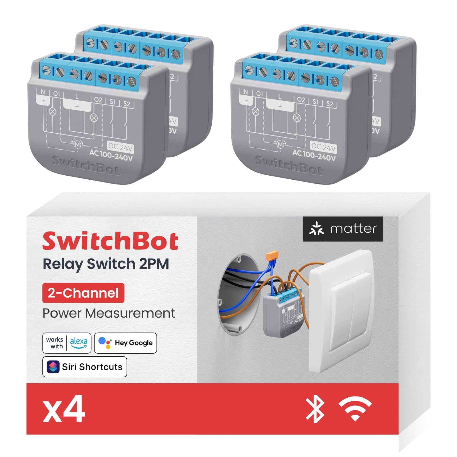 SwitchBot Smart Relay Switch 2PM, Power Monitoring, Smart Relay Module with Built-in Bluetooth Repeater, Wi-Fi&Bluetooth Switch Works with Alexa/Apple Home/Google Home/Matter Hub Required, 2.4GHz, 16A