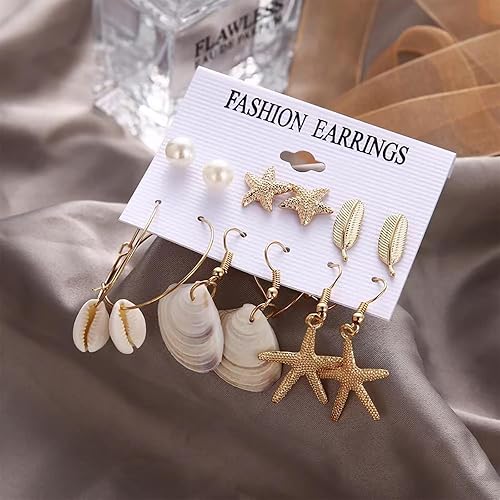 Miniatura 5 de 6 pares de aretes de verano para mujer 2023, conchas bohemias, conchas de mar, caracola, perlas de oro, aretes de playa, juego de joyas de verano,