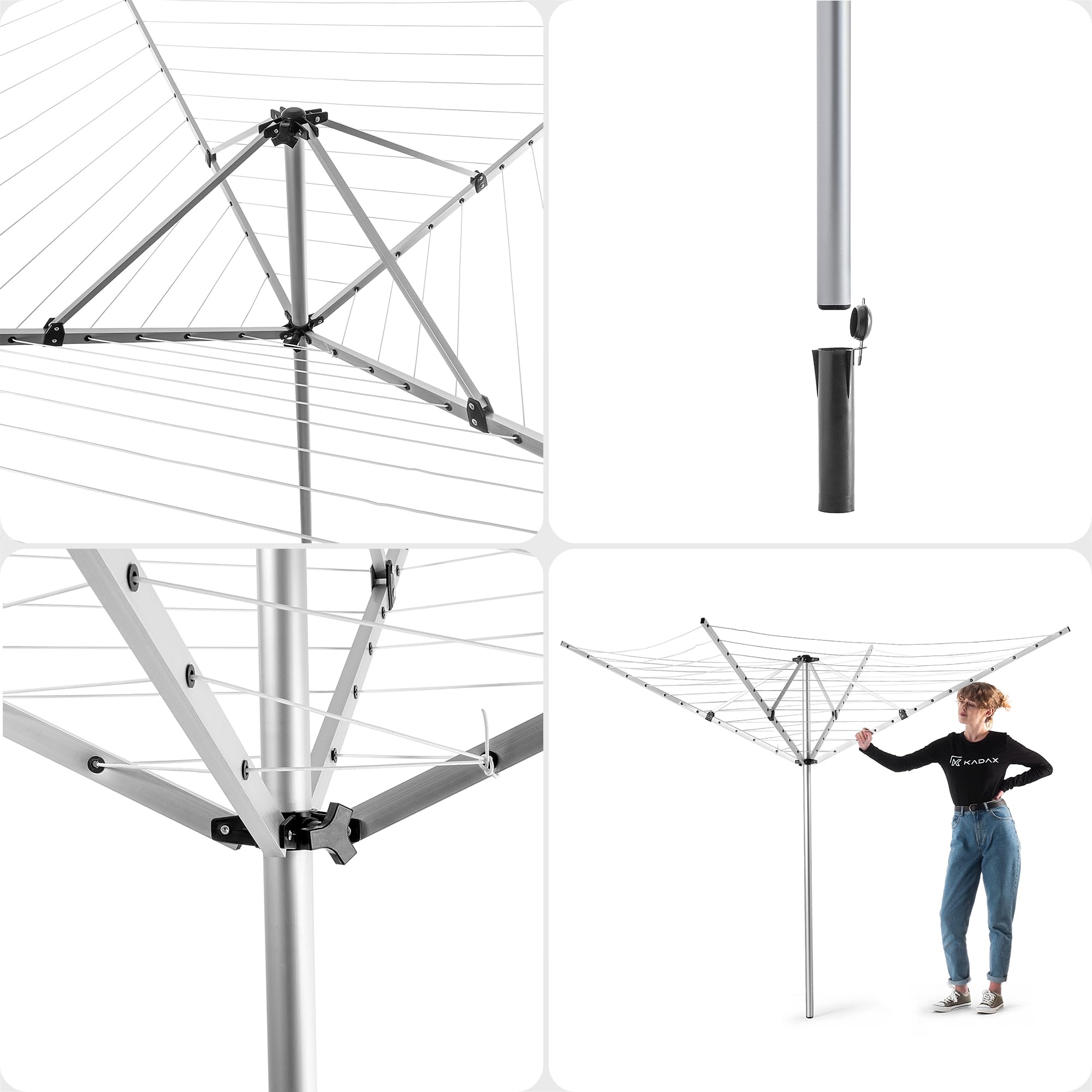 KADAX Séchoir à linge avec 50 mètres de corde à linge, séchoir en aluminium inoxydable pour l'extérieur, hauteur réglable avec housse de sol pour jardin (50m)