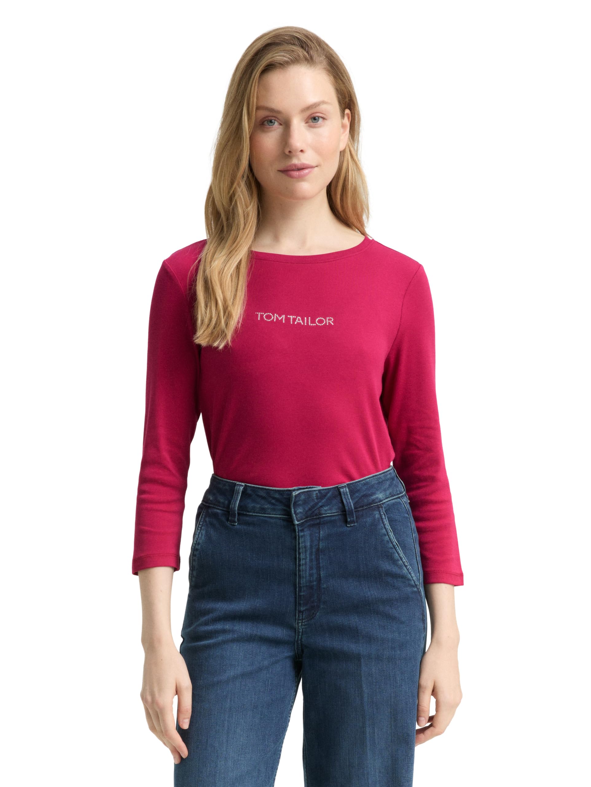 TOM TAILOR Damen 1048941 Slim Fit Langarmshirt mit Glitzer-Logo (1er Pack)