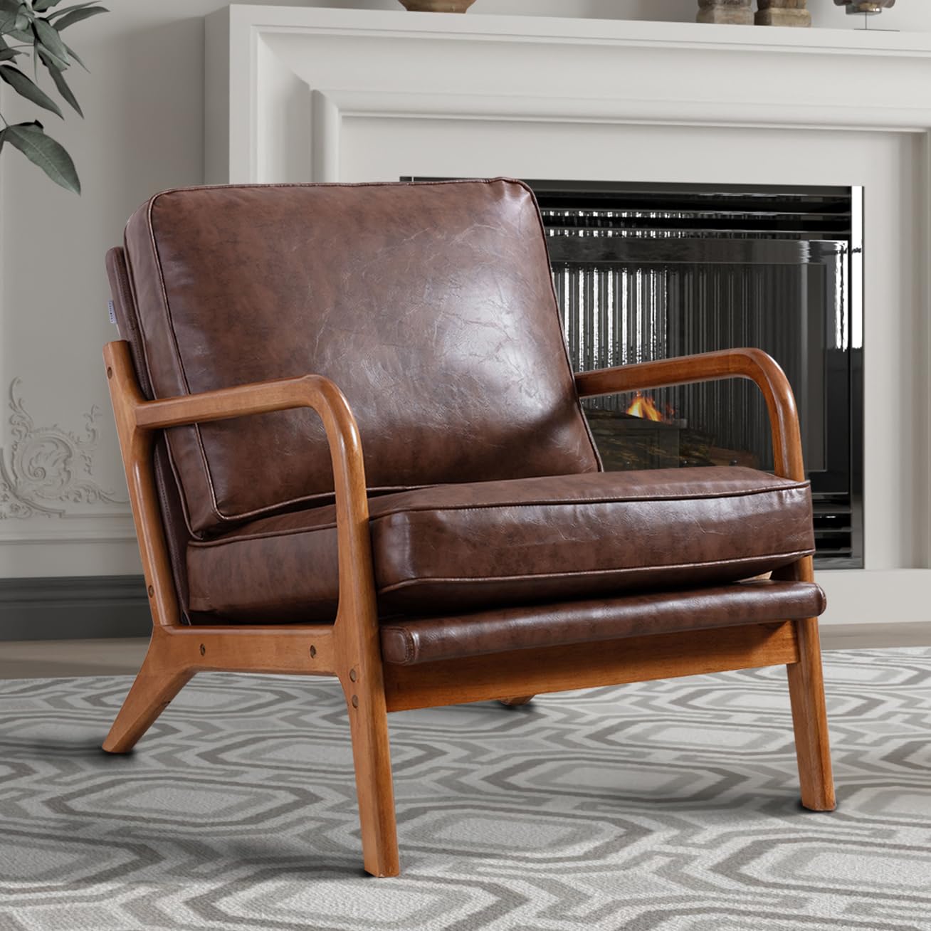 Mid Century Modern Accent Chair, Upholstered Living Room Chairs with Solid  Wood Frame, PU Leather Armchair for Bedroom Sunroom, Brown