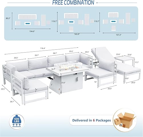 Miniatura 885 de NICESOUL 7 Piece White Powder-Coated Aluminum Patio Furniture with Fire Pit Table, 29 Inch Extra Wide Outdoor Sectional Sofa for 6, High-End Heavy