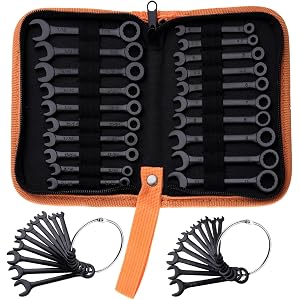 Mini Wrench Set Metric and SAE 20-Piece Ignition Wrench Set, 4mm-11mm & 5/32"-7/16" Open End and Box End Combination Wrench Kit Super Thin Small Spanner with Zipper Bag and Key Ring, Black