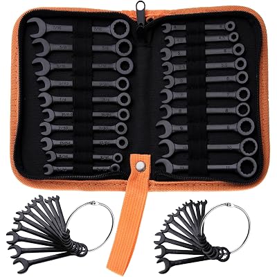 Mini Wrench Set Metric and SAE 20-Piece Ignition Wrench Set, 4mm-11mm & 5/32"-7/16" Open End and Box End Combination Wrench Kit Super Thin Small Spanner with Zipper Bag and Key Ring, Black