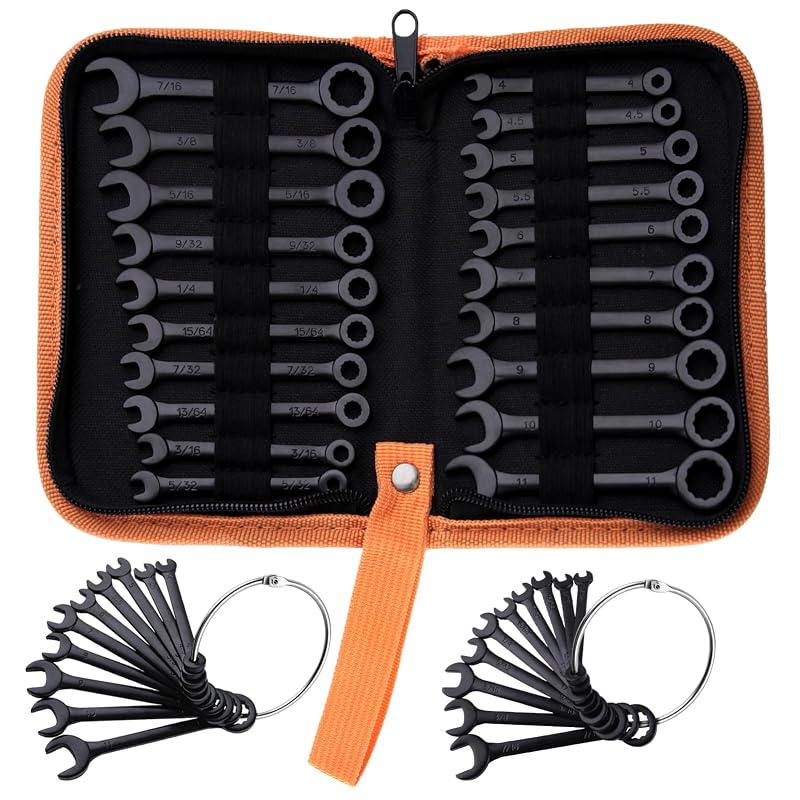 Kit de Chaves Estrela Combinadas Mini LEONTOOL Métricas e SAE em Aço Carbono, 20 Peças, Preta