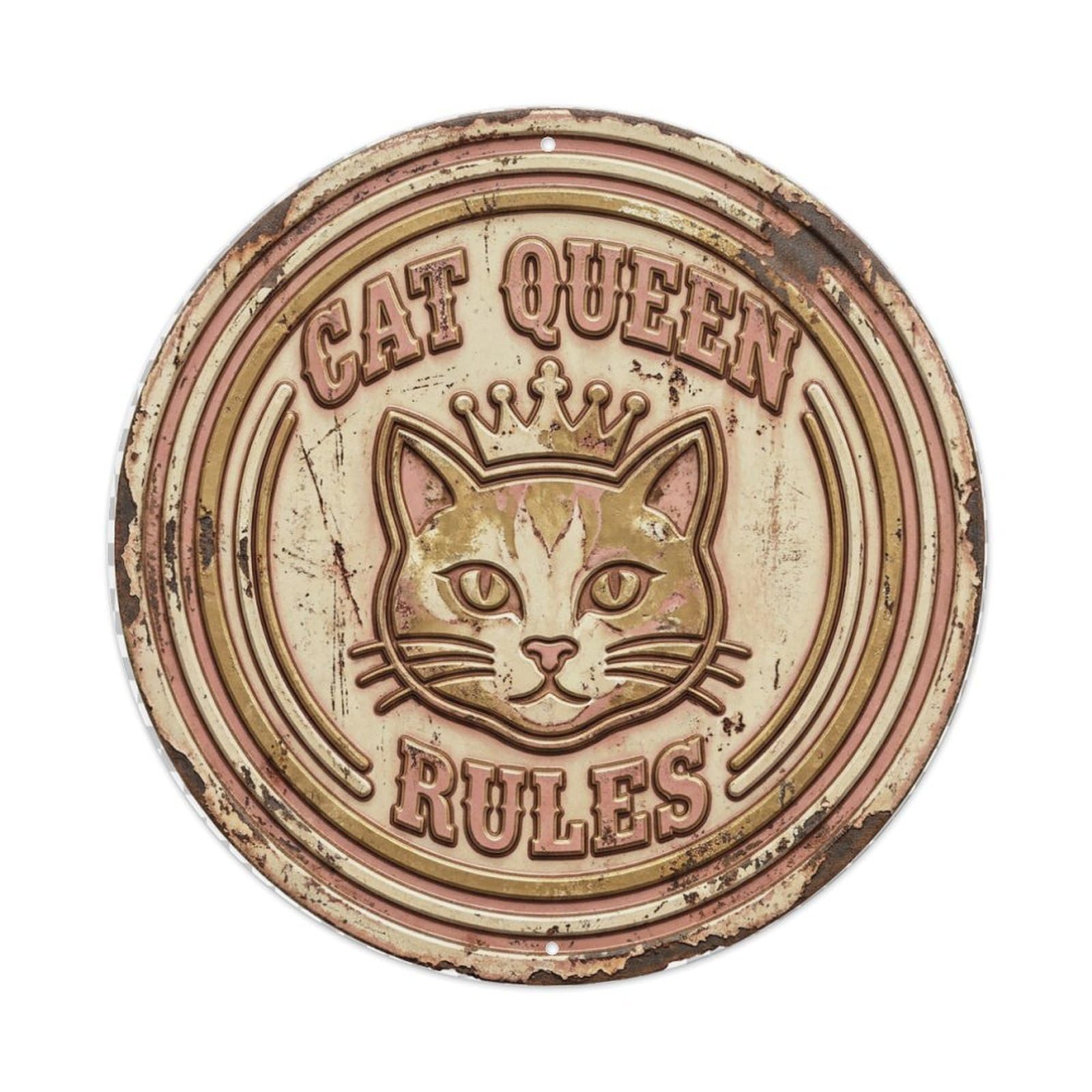 Cat Queen Rules Meow Metal Tin Sign Plaque Wall Decor for Cafe, Club Bar, Office, Home Garden Round Metal Poster 8x8Inch