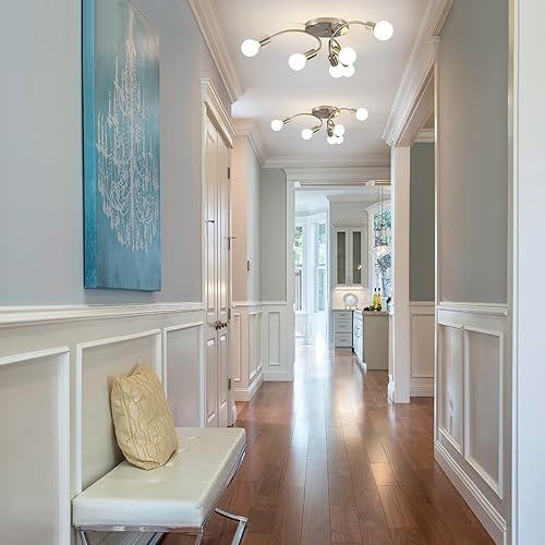 Miniatura 9 de Lámpara de araña Sputnik de níquel cepillado de 6 luces, moderna lámpara de techo semiempotrada, lámpara de techo industrial de metal para sala de