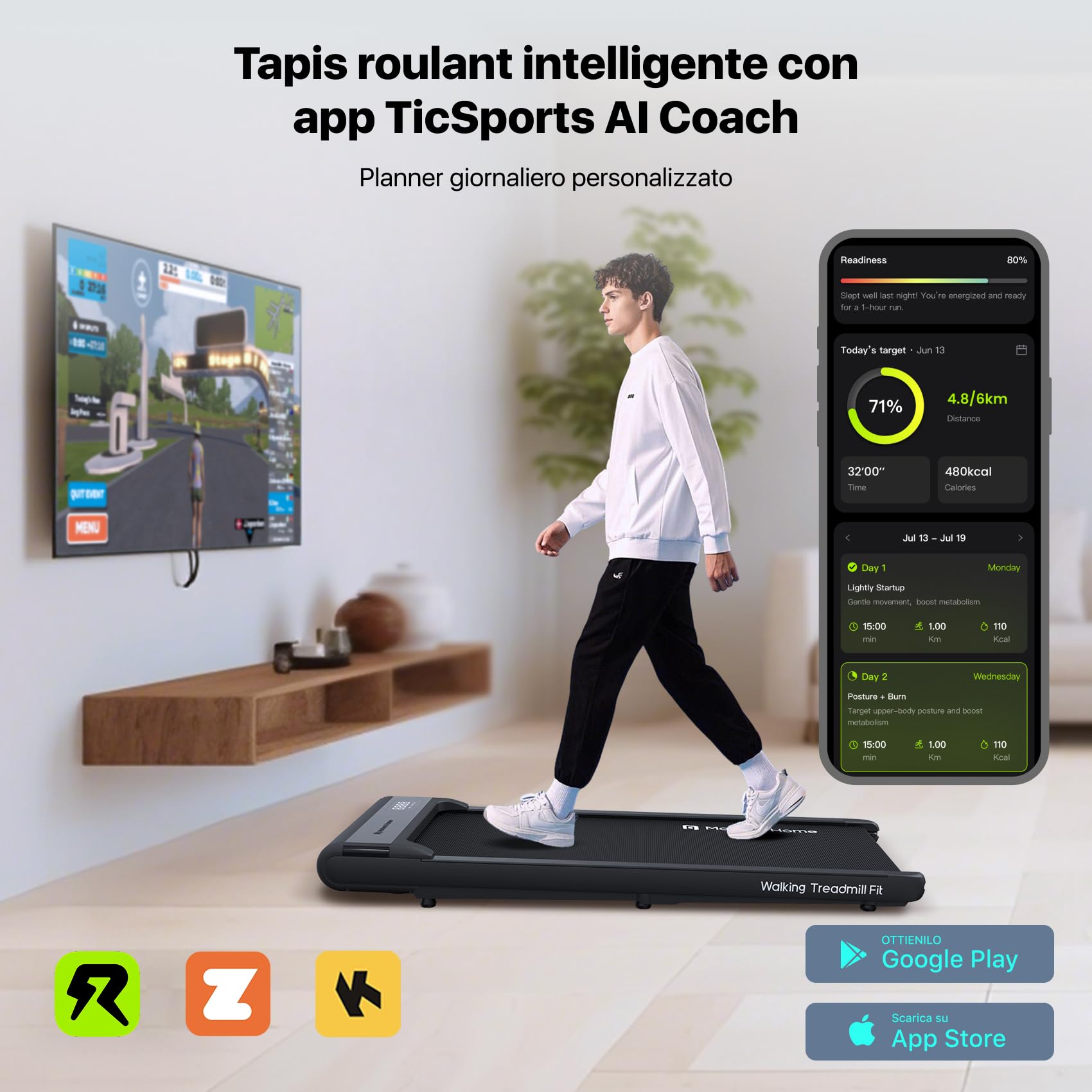 Mobvoi Walking Pad Tapis Roulant Intelligenza AI sotto la scrivania Portatile 2 in 1 per casa e ufficio Camminata Jogging Macchina da corsa, APP TicSports, telecomando Facile da riporre 6 km/h 120 kg