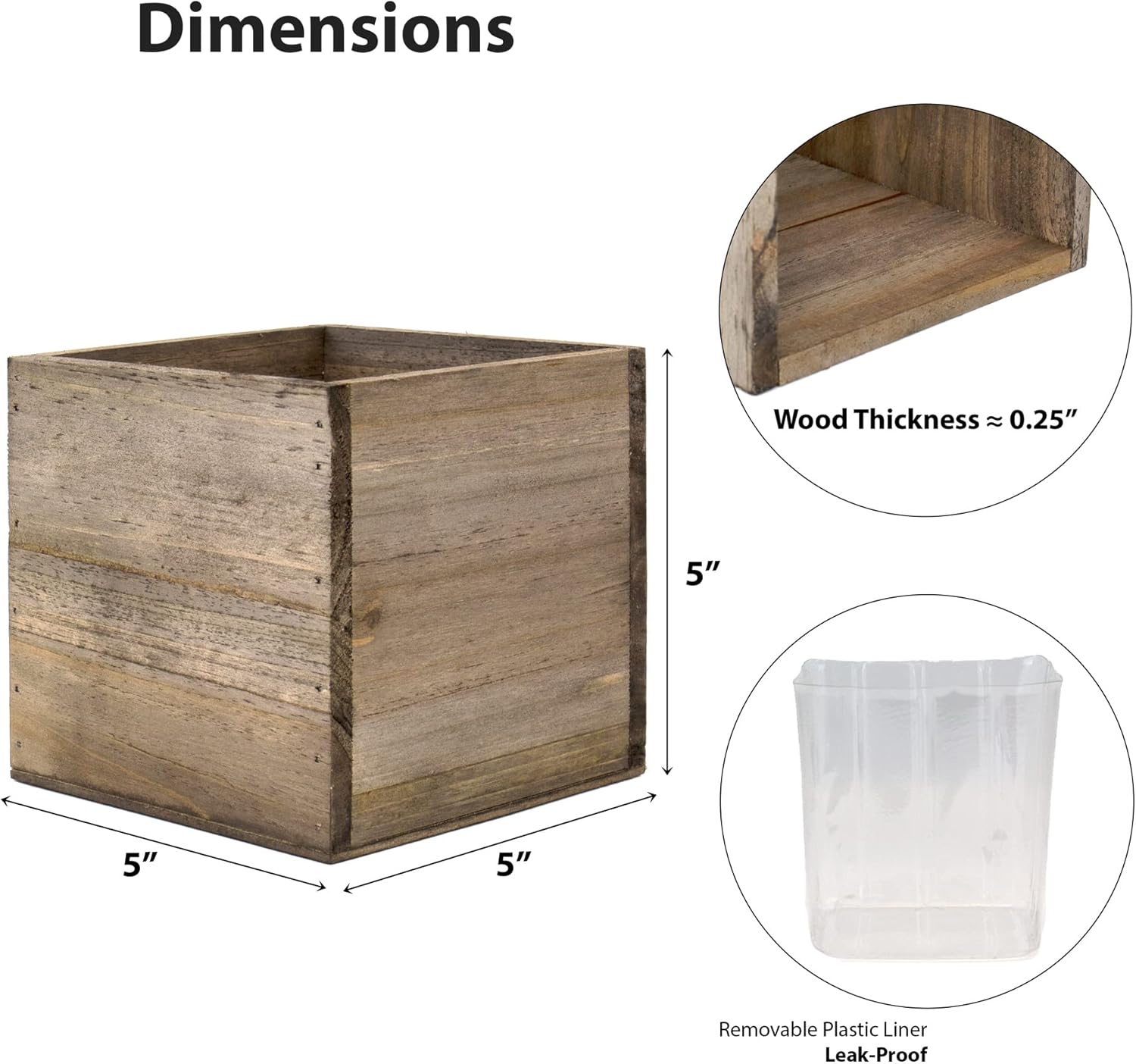 CYS EXCEL Cube Planter Box with Removable Plastic Liner (5"x5"x5")(4 PCS) | Multiple Size Choices Wood Square Planter | Indoor Decorative Window Box